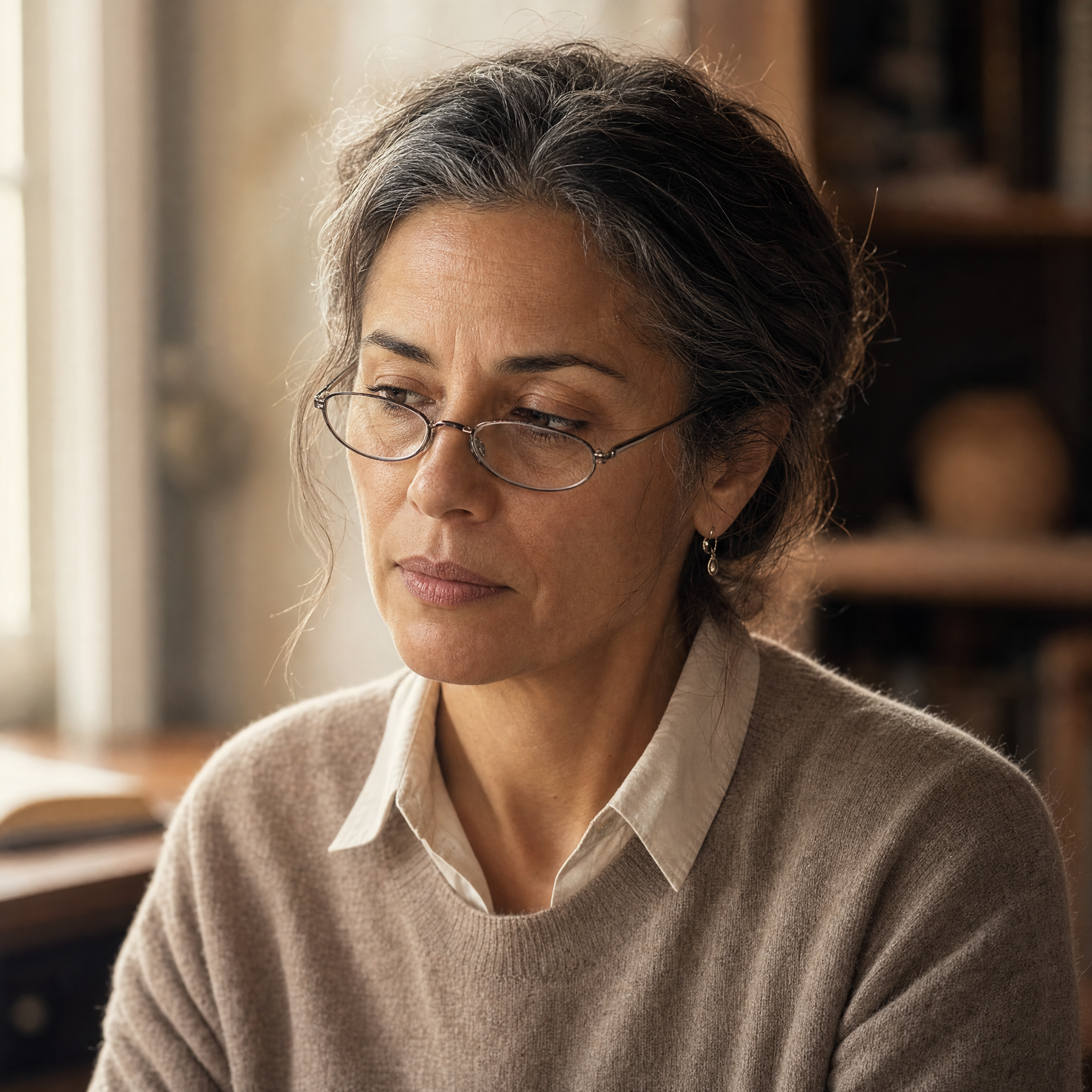 Portrait of a subject-matter expert in her mid-40s, scholarly
