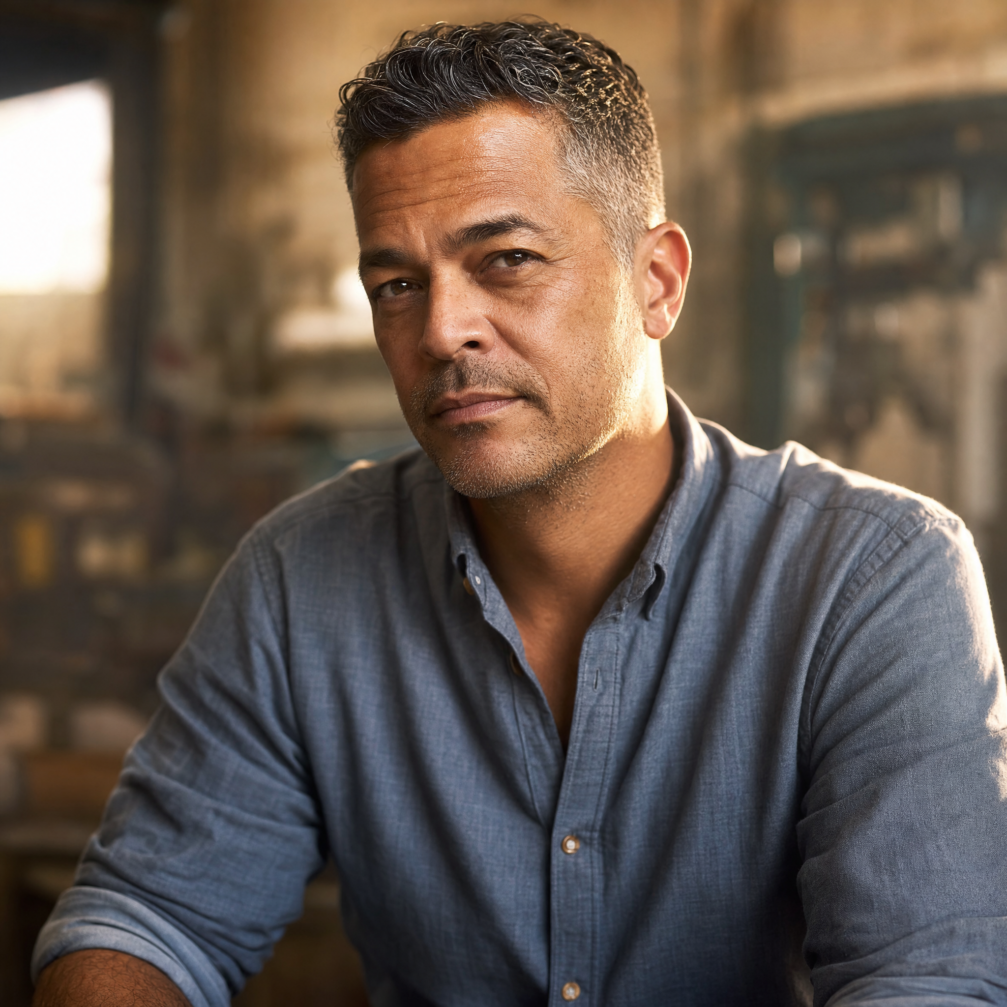Portrait of an operator in his early 40s, focused