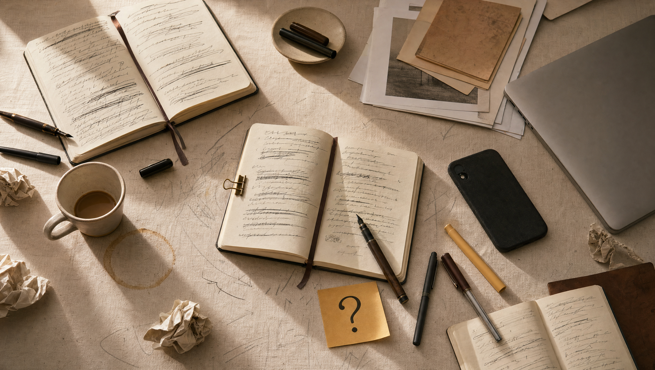 A creator's research board — hook drafts, sticky notes, signal maps, content fragments on warm parchment