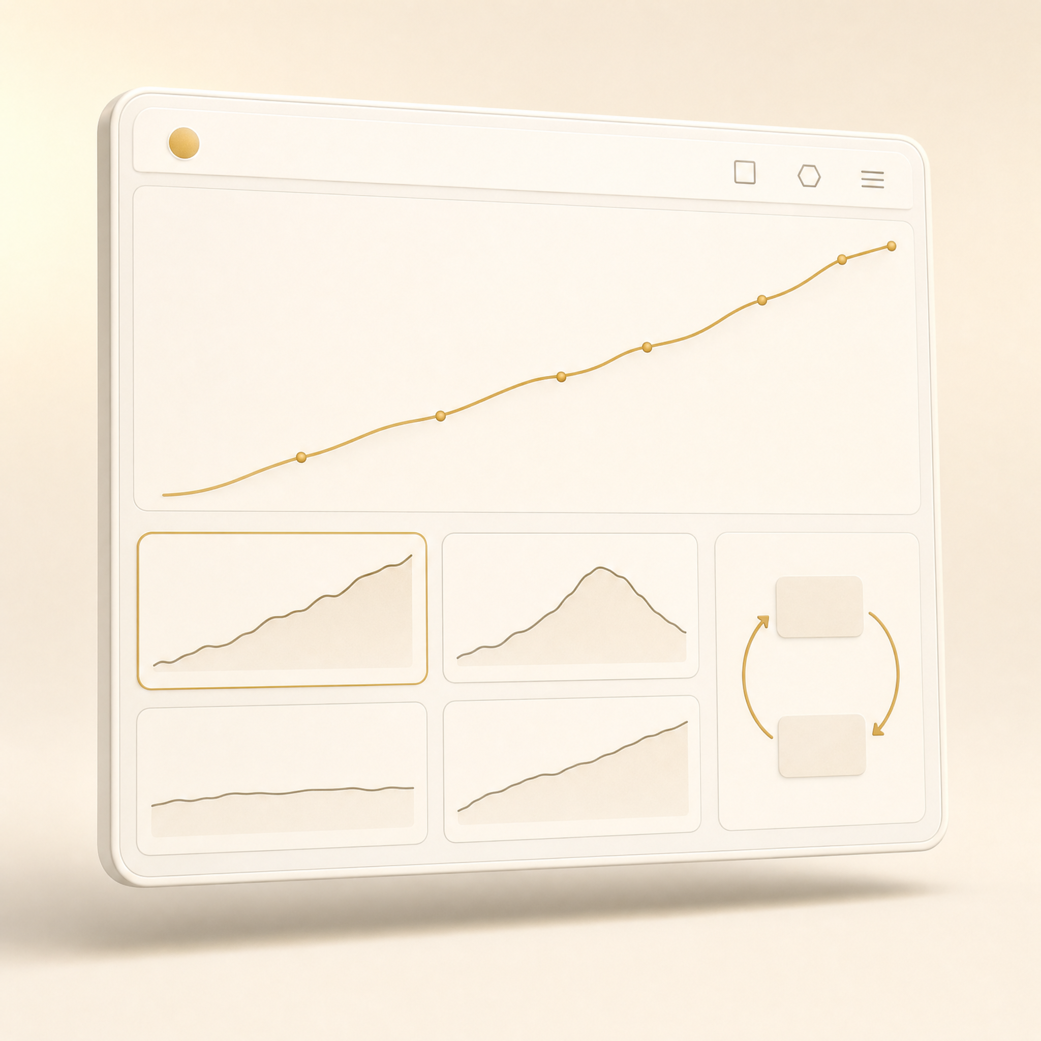 Performance loop dashboard with rising curve, metrics grid, and feedback loop